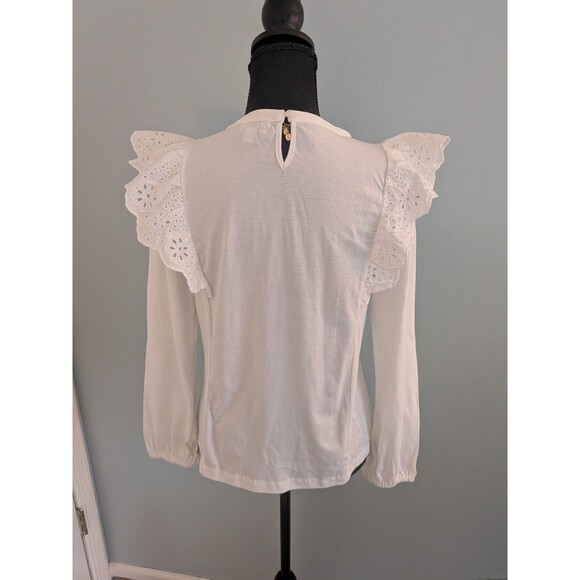 J. Crew Top Womens S Long Sleeve Eyelet Ruffle Cotton Pullover Blue Peasant New - Picture 8 of 13